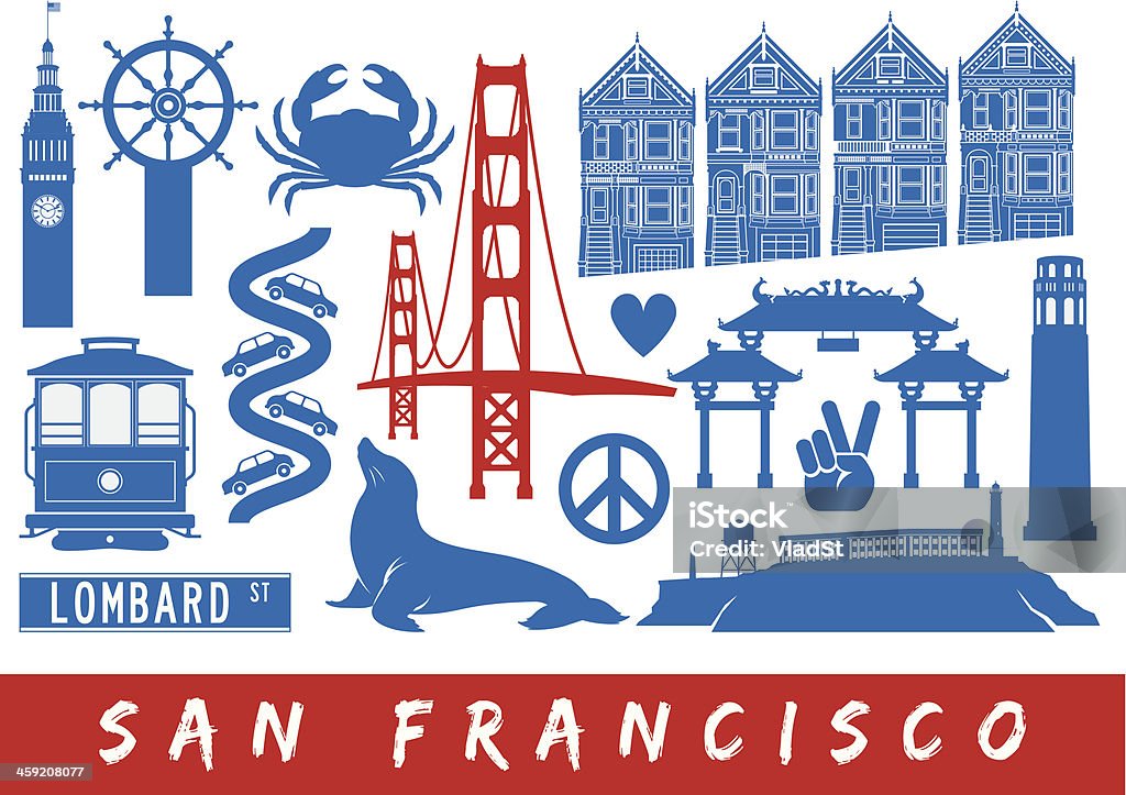 Icons of San Francisco Icons of famous places in San Francisco. Golden Gate Bridge stock vector