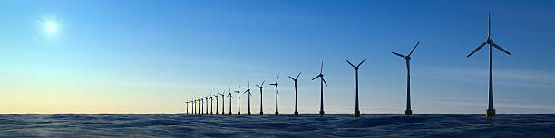 Offshore wind farm panorama Offshore energy production at a wind power plant. Shallow depth of field CG-image. offshore wind farm stock pictures, royalty-free photos & images