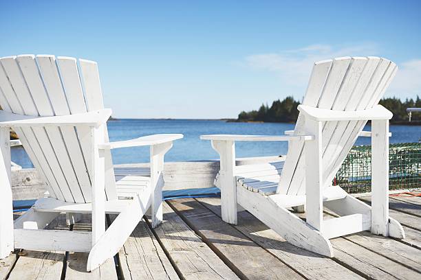 istock Two Wooden Adirondak Deck Chairs with Sea View 459215247
