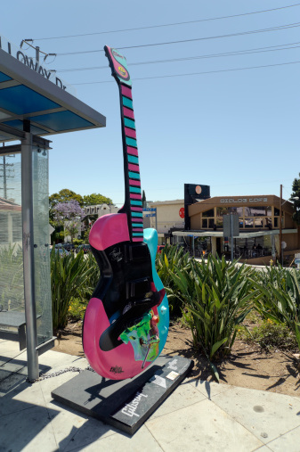West Hollywood, California, USA - May 15, 2011: Close up image of one of the many uniquely decorated ten foot tall Gibson guitar replicas on display on Sunset Boulevard in West Hollywood.