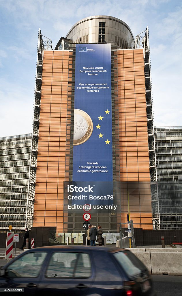 Ads on the facade of Berlaymont building, Brussels Brussels, Belgium - December 11, 2011: EU campaign to support a stronger economic governance during financial crisis of 2011. The ads is standing on the facade of Berlaymont, building that host the European commission in Brussels, Belgium 2011 Stock Photo