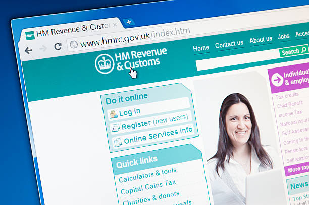 HM Revenue and Customs main page on the web browser Castleford, England - September 9, 2011: Close up of HM Revenue and Customs main page on the web browser.HMRC is a United Kingdom government agency tasked with collecting yearly state and income tax from working residents and businesses. hm government stock pictures, royalty-free photos & images