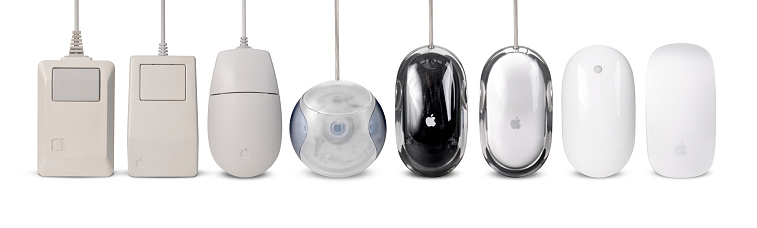 Forest Row, East Sussex, UK - November 10th 2011: Apple mouse history shot in home studio on white. 