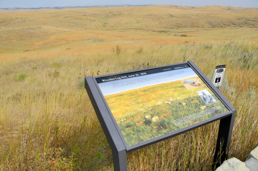 Big Horn County, Montana, USA - September 6, 2011: A marker commemorates Wooden Leg Hill by the Battle of Little Bighorn National Monument where Native American warriors charged in 1876.