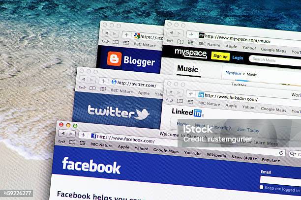 Social Media Web Sites On Computer Screen Stock Photo - Download Image Now - Blogging, Brand Name Online Messaging Platform, Close-up