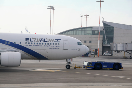 Tel Aviv,Israel -September,12, 2011: Israeli Airplane of EL AL at front of the terminal building in the summer day at the Ben Gurion Airport Israel