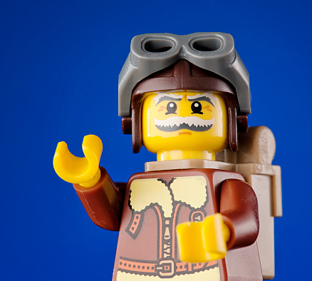 Edinburgh, UK - November 4, 2011: Close up of the 'Pilot' character from the Lego Minifigures series.  Lego toys are produced by the Danish company Lego Group.