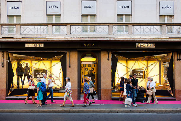 Karl Lagerfeld Hogan Store Via Montenapoleone Milan Italy Milan, Italy - October 1, 2011: People: Shoppers and Tourists walking along the Via Montenapoleone Street, the heart of the Milanons Fashion District, at the famous Designer Karl Lagerfeld Hogan Store in Milan Italy karl lagerfeld stock pictures, royalty-free photos & images