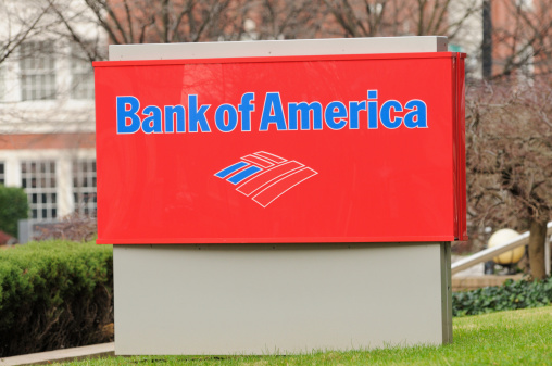 Knoxville, TN, USA - December 24, 2011:  Close up of Bank of America sign, horizontal.  Sign located on West Main Street in downtown Knoxville, between Locust St. and Walnut Street.