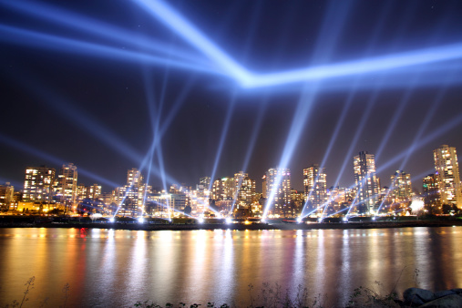 Vancouver, Canada - February 5, 2010: The lights of Rafael Lozano-Hemmer's artwork Vectorial Elevation over False Creek in Vancouver during the 2010 Olympics.
