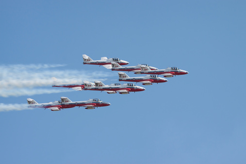 Abbotsford, Canada- August 13, 2011: The Canadian Forces Snowbirds flight demonstration team performed their precision flight maneuvers at the Abbotsford International Airshow.