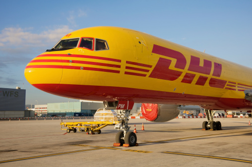 Barcelona airport, Spain - October 14, 2009: A DHL Boeing 757-200SF cargo aircraft parked on the ramp at Barcelona airport on the Spanish coast