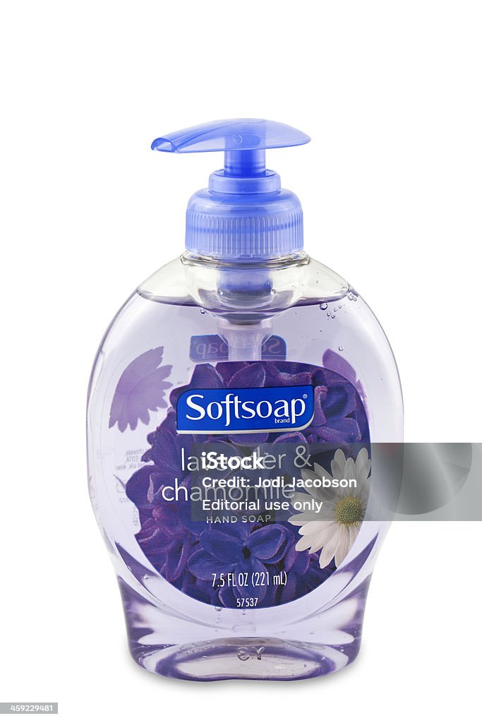 Softsoap lavender and chamomile Galloway, New Jersey, USA - April 14, 2011: Product shot of Softsoap lavander and chamomile liquid hand soap in an 15 oz size plastic purple pump jar. Isolated on a white background. Soap Dispenser Stock Photo