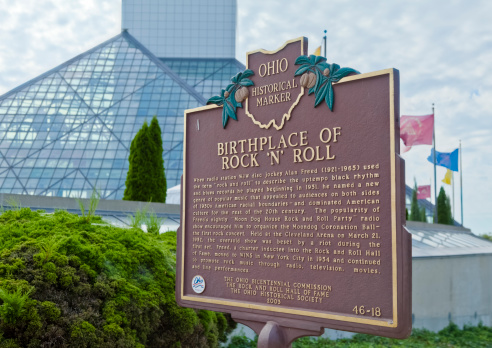 Cleveland, Ohio, USA -  August 28, 2011: The Ohio state Historical Marker outside the Rock and Roll Hall of Fame.
