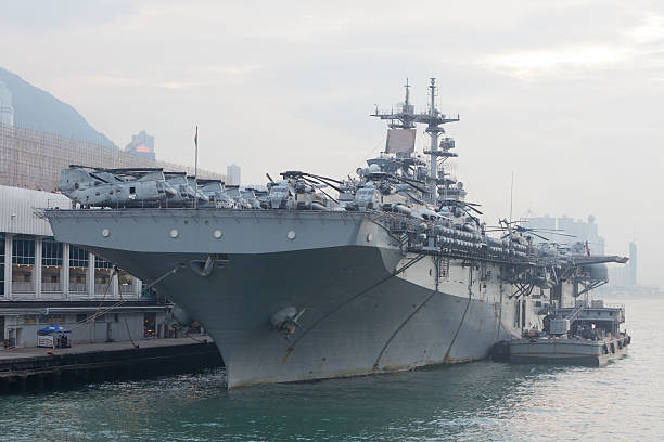 Army ship at dock, background with copy space, full frame horizontal composition