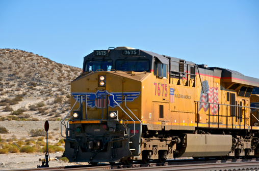 Palm Springs, California, USA - January 13, 2012: A Union Pacific Railroad locomotive is seen passing through Palm Springs, Coachella Valley, Western USA.