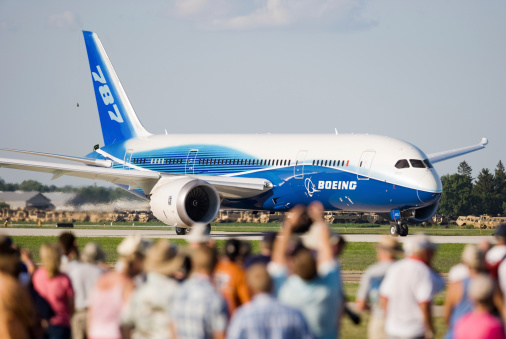 Wittman Regional Airport, Oshkosh, Wisconsin, USA - July 29, 2011:  Crowd watching a Boeing 787 taxing to runway for takeoff at the Air-Venture airshow.