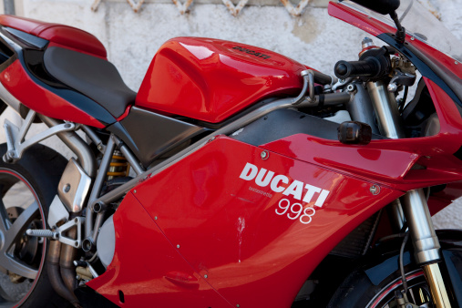 Pietrasanta, Italy, June 21st, 2011. Closeup of beautiful red Ducati motorbike.