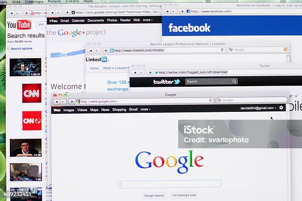 Las Principales Redes Sociales En Web En Blanco Con Pantalla Lcd Foto de stock y más banco de imágenes de Google - Marca comercial