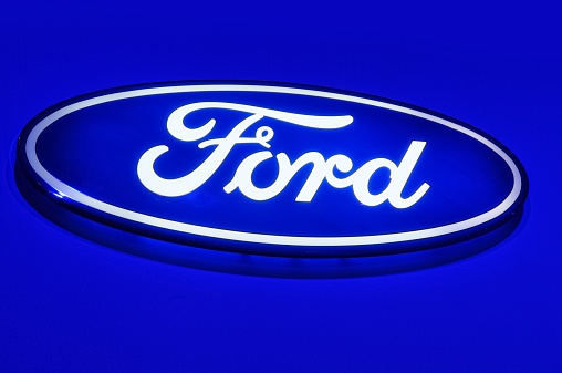 Brussels, Belgium - January 10, 2012: Ford logo on display during the 2012 Brussels motor show.