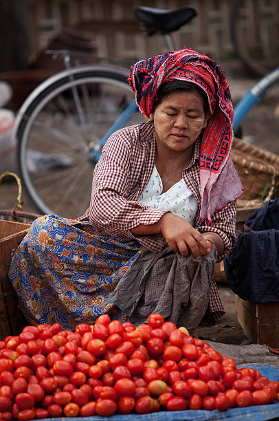 Amarapura bazaar, Myanmar Amarapura, Myanmar - February 19, 2011: A woman selling fresh tomatoes at an open market on the street cleans and arranges the tomatoes in a neat pile in front of her. Amarapura, the former capital of Myanmar, means City of Immortality in Pali. It was founded after the court astrologers adviced the King to move the capital of the country to Amarapura after which the entire population of Inwa was asked to pack their belingings and migrate to the new land. Today the city is the center of weaving activities and is known to produce some of the finest festive clothing in Myanmar. Amarapura stock pictures, royalty-free photos & images