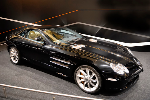Amsterdam, The Netherlands - March 27, 2007: Black Mercedes McLaren SLR on display at the 2007 Amsterdam Motor Show.