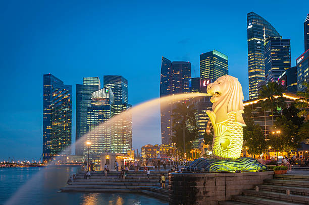 fuente de merlion de singapur marina bay iluminado y rascacielos al atardecer - merlion singapore marina bay lighting equipment fotografías e imágenes de stock