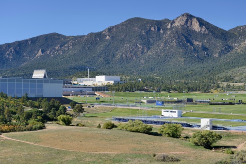 Colorado Springs, Colorado, USA - October 6, 2013: The United States Air Force Academy in Colorado Springs as seen from a lookout point with Rocky Mountains in the background.