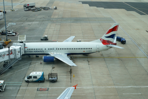 London, England - March 22, 2013: British Airways aircraft at passenger North Terminal. Gatwick Airport. West Sussex. England