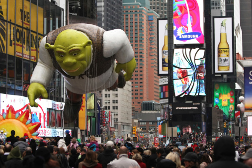 New York, USA - November 25, 2010: Shrek balloon is flown at the Times Square Annual Macy's Thanksgiving Day Parade in New York City.