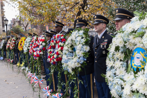 NEW YORK, USA - November 11, 2013: Commemorative wreaths at the 94th annual New York City Veterans Day Parade on 5th Avenue on November 11, 2013 in New York City