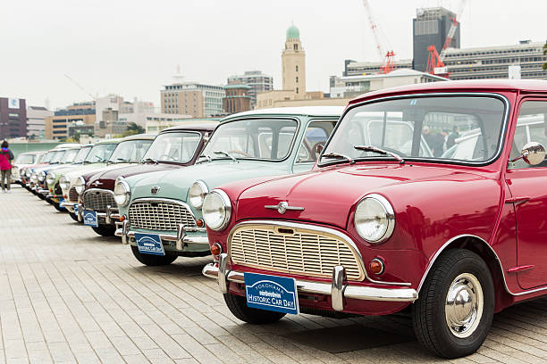 Yokohama, Kanagawa, Japan - November 9, 2013: A row of Mini Cooper in Yokohama Historic Car Day 2013 at Yokohama Red Brick Warehouse in Kanagawa, Japan.