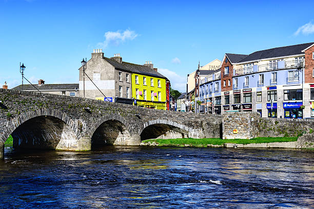 Enniscorthy, Ireland - November 20, 2013: Bridge over the River Slaney at Enniscorthy in County Wexford, Ireland. Shops in the town center. No people.