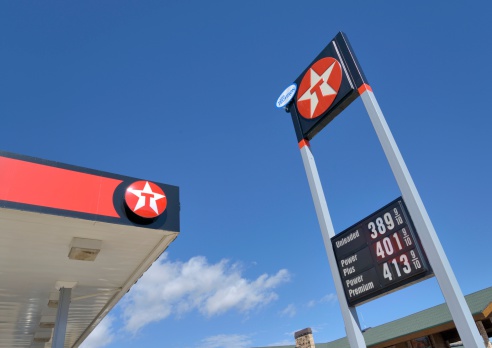 Bryce Canyon City, Utah, USA - September 2, 2013: Low angle view of a Texaco gas station in Utah. Texaco is a major energy company with operations across the US.