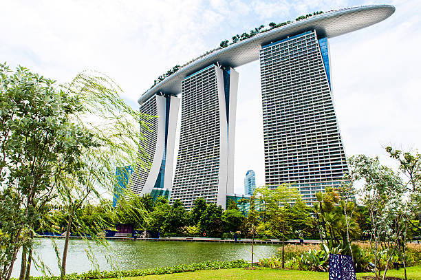Singapore, Singapore - October 07, 2013: Landmark of Singapore's Marina Bay - 57-storey hotel Marina Bay Sands featuring three towers connected by cruiseship-looking teracce on the roof