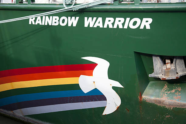 Greenpeace: Rainbow Warrior in San Francisco San Francisco, Unites States - November 13, 2013:  Greenpeace's Rainbow Warrior, an icon on the enviromental movement docked at Pier 15 in San Francisco next to the Exploratorium. This ship is the third iteration of the environmentally conscious ship claims to harness nearly 90 percent of the its power with wind. greenpeace stock pictures, royalty-free photos & images