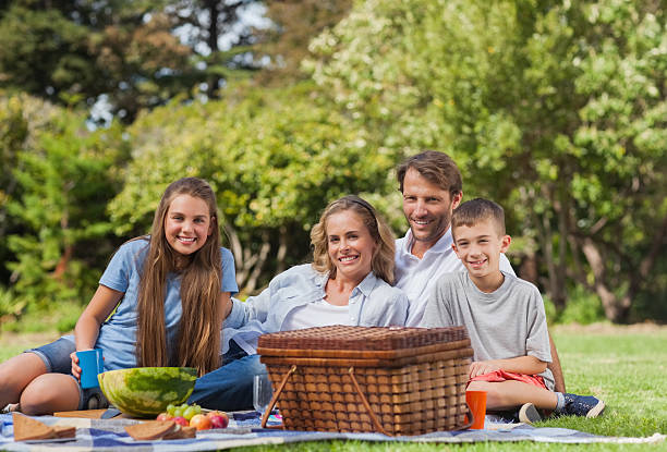 istock Cheerful family posing together while having picnic 459247117