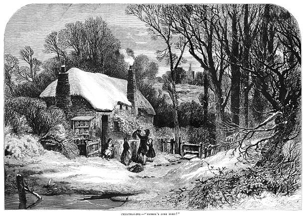 Victorian father returning home on Christmas Eve A Victorian father returning home and being greeted by his children on Christmas Eve. From “The Queen - an Illustrated Journal & Review - Christmas Number” from December 1861. The newspaper was published in London and was aimed at mainly upper class people who would attend court functions and society events. engraved image photos stock illustrations