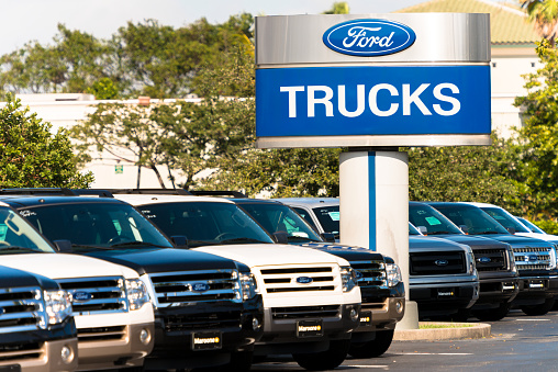 Fort Lauderdale, USA - January 8, 2013: Ford trucks at a car dealership.