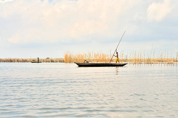 Cotonou, Benin - May 15,2012 A Ganvie man poles his skiff along a fishery weir on Lake Nokoue on his way to the town of Abomey Calavi. the commercial center for the villages who live in the middle of the lake in stilt houses.