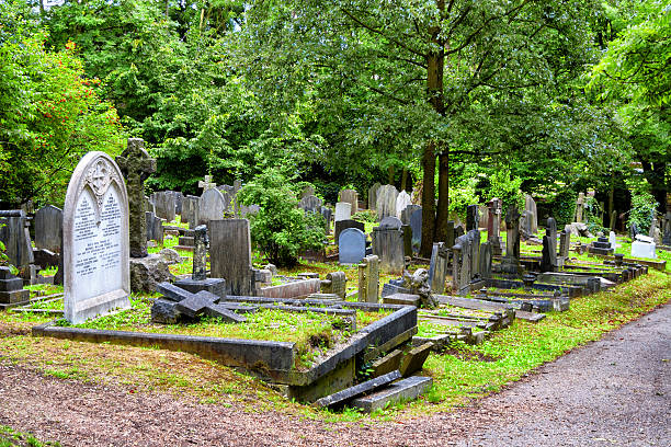 reihe von grabstätten in highgate friedhof, london - highgate cemetery stock-fotos und bilder