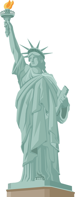 Statue of Liberty in New York, with Liberty Statue Standing holding flaming torch. Vector Illustration Cartoon.