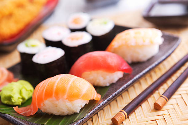 istock Various Japanese sushi on a plate, shallow depth of field 459266563