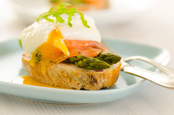 istock Poached eggs with salmon and asparagus 459274061