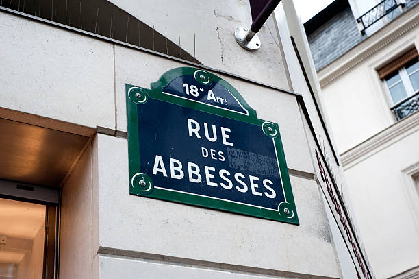 Paris, France, May 21 2013 Street sign on the wall Rue des Abbesses