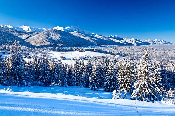 Winter morning view of the Zakopane in valley and Tatra Mountains in background