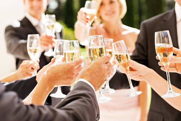 hóspedes e casal brindando taças de champanhe na recepção - wedding couple toast glasses - fotografias e filmes do acervo