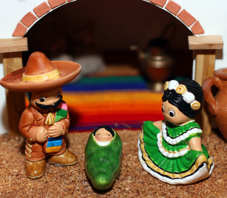 Mexican Hispanic Nativity with Joseph with a broad black moustache and sombrero 3