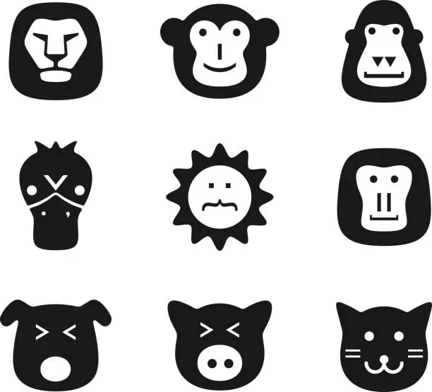 Vector illustration of animal face black flat icon set, UI