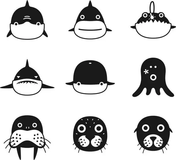 Vector illustration of animal face black flat icon set